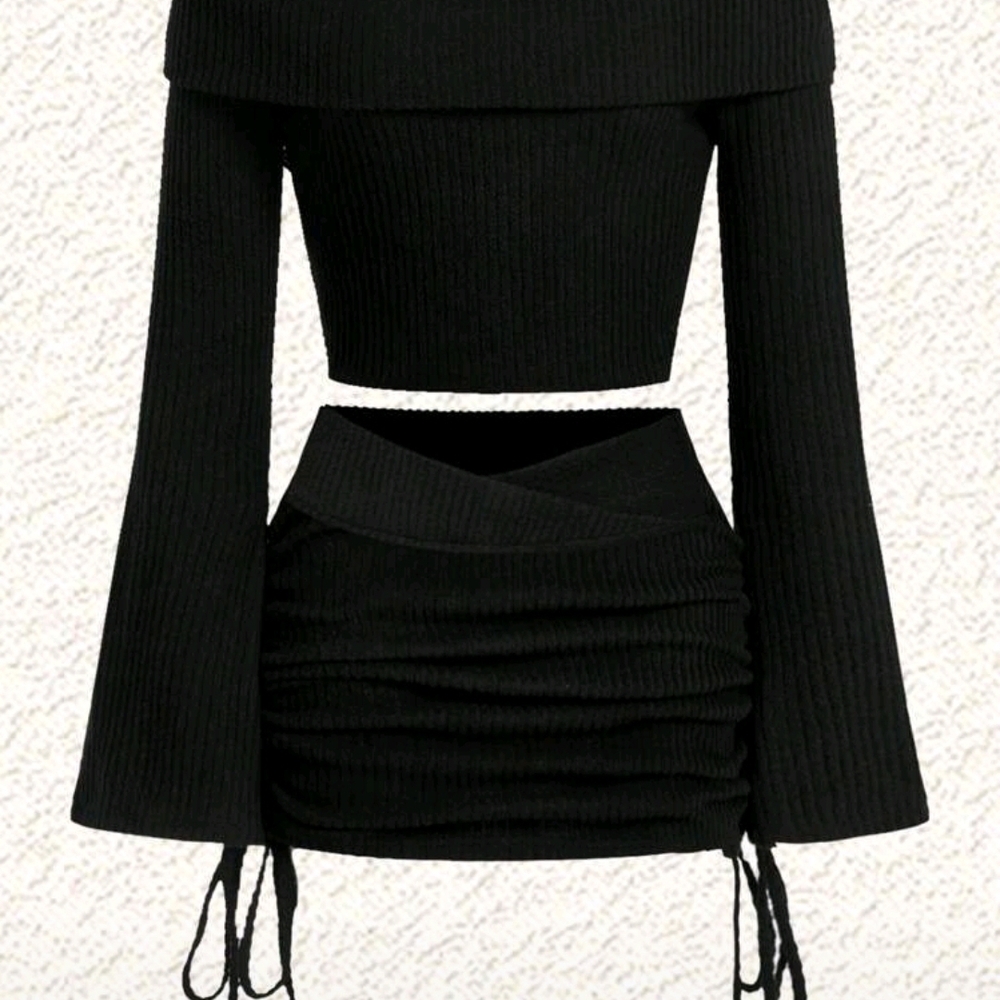 Plus Size Black Ribbed Off-Shoulder Top and Skirt Set